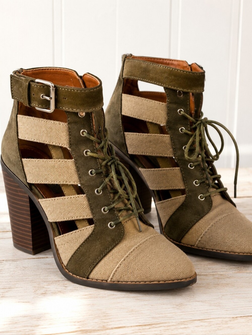 Free People Vegan Lace Up Cutout Ankle Booties Olive Canvas Block Heel EU 38 US